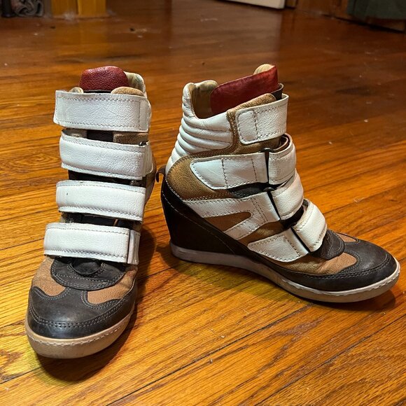 A.S. 98 Brown Leather Wedge High Heel High Top Sneakers with Velcro Straps - Picture 1 of 7